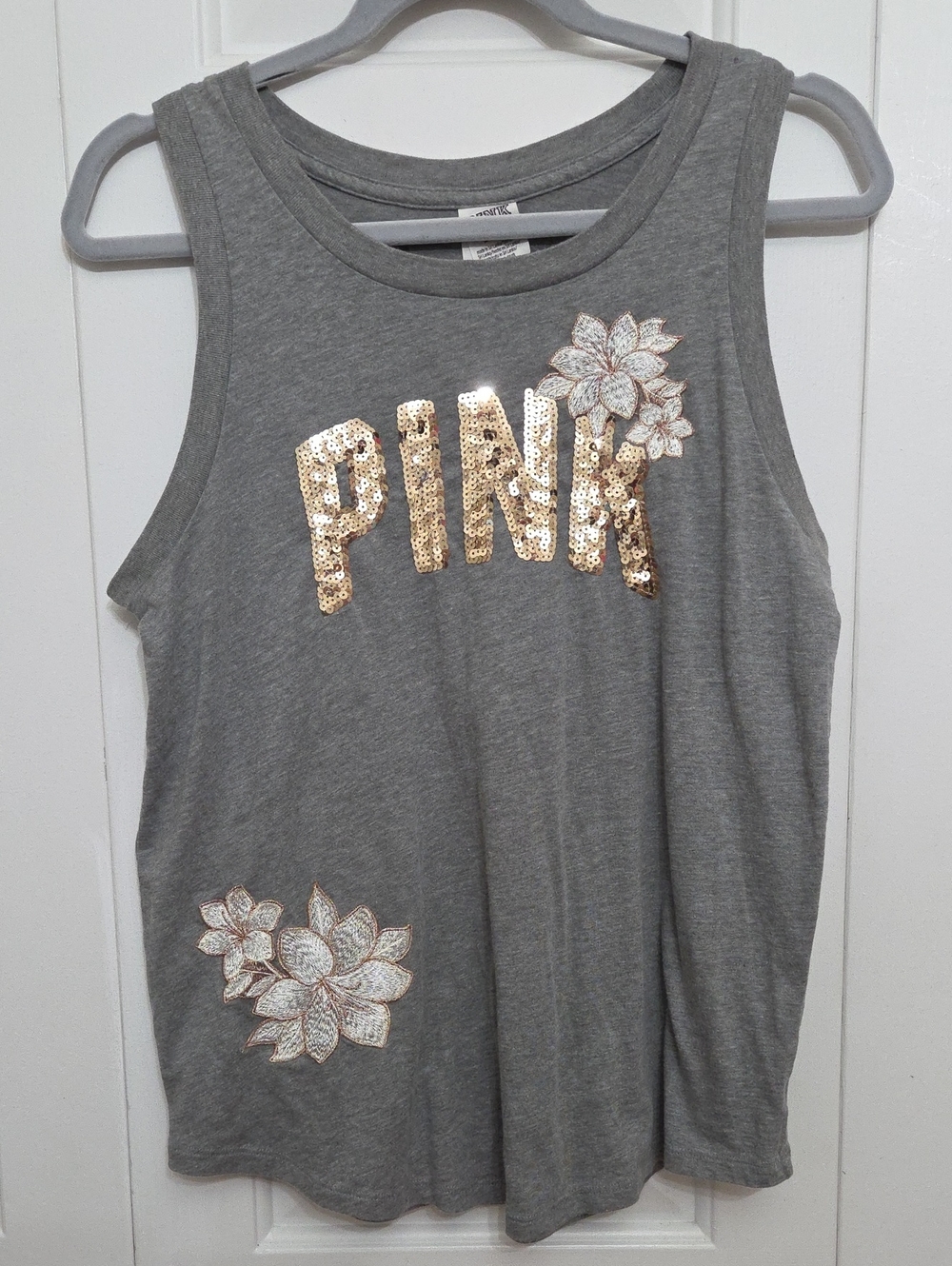 Victoria's Secret PINK BLING Hibiscus Floral Sequin Muscle Tank Top Clay Gray/ M
